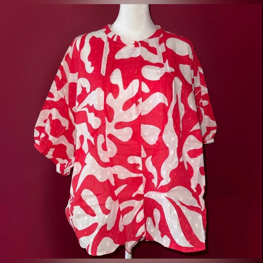 Chico's Linen Watermelon & White Short Sleeve Top